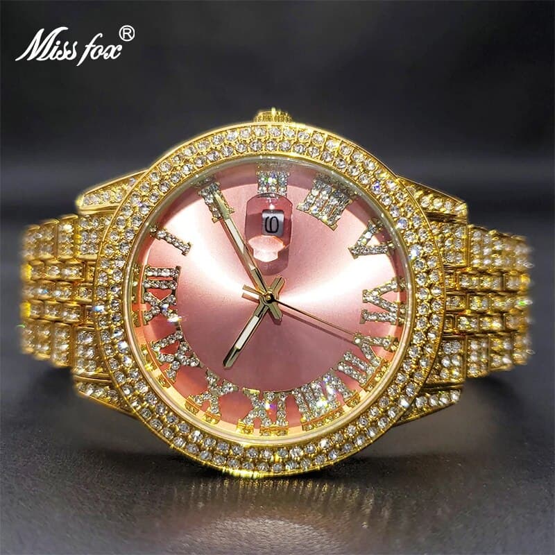 MISSFOX Gold Wach Women Pink Iced Ou Diamond Waches For Female Waerproof Sylish Trendy Pary Dress Jewelry 2021