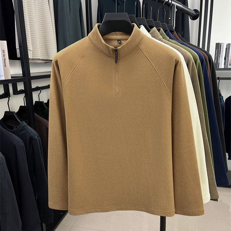 Men's Clothing Thermal Long Sleeve T-Shirt, Fleece-Lined Winter Base Layer, Soft Brushed Fabric, High Neck Zip-Up Sweatshirt, Warm Casual Pullover