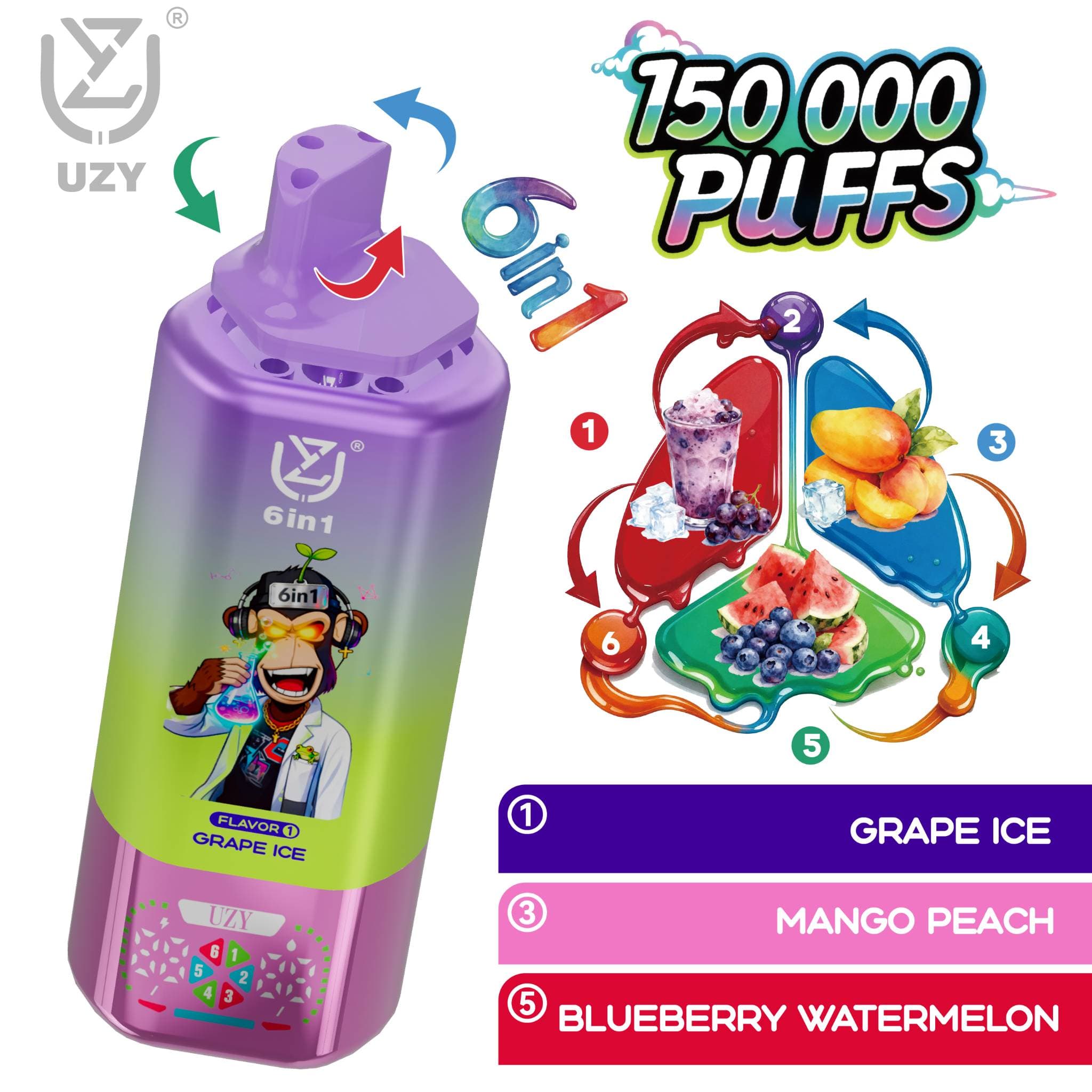10 cigarettes électroniques jetables UZY 6 en 1, 150 000 bouffées de liquide, système de saveur rotatif 6 en 1.