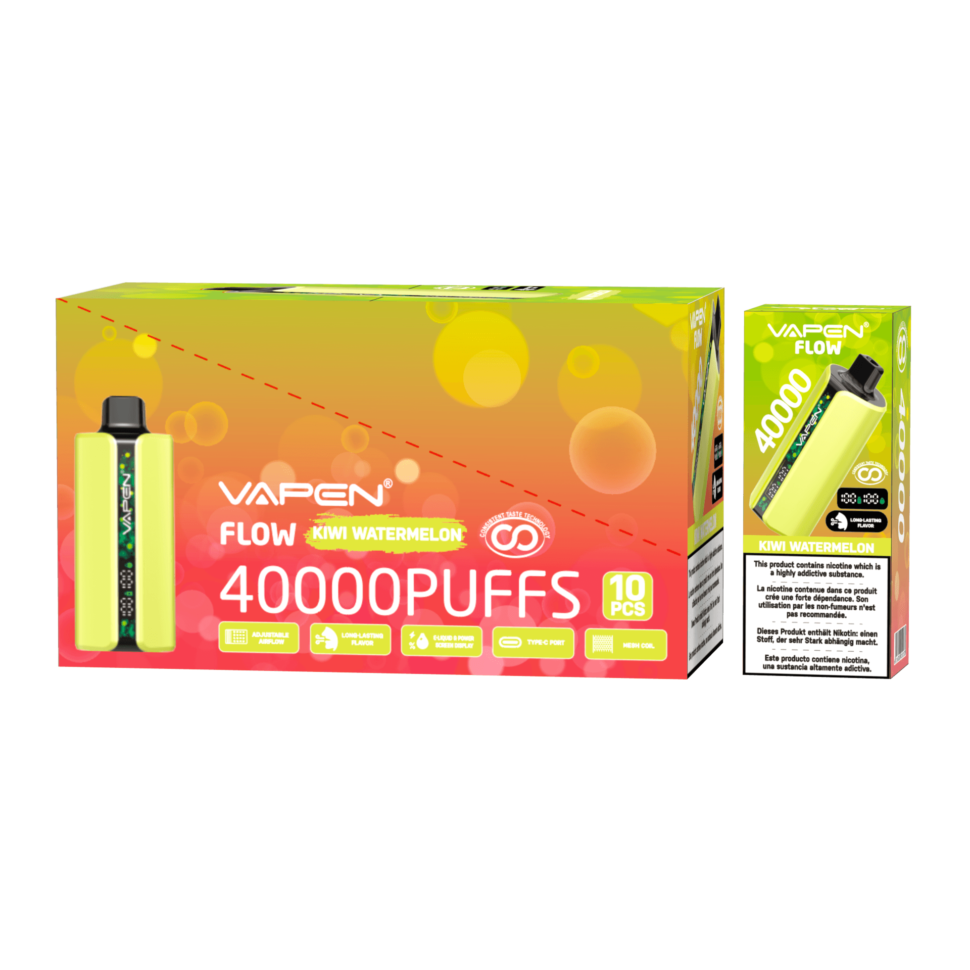 Lot de 10 cigarettes électroniques jetables Vapen Flow 40 000 bouffées (5 %), avec résistance mesh et saveurs variées (20 000, 30 000 et 50