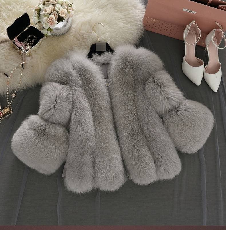 "Luxury Fox Fur Coat – Premium Vegan Fur With Detachable Hood & Windproof Lining (Ivory/Blush Pink/Ash Grey)"