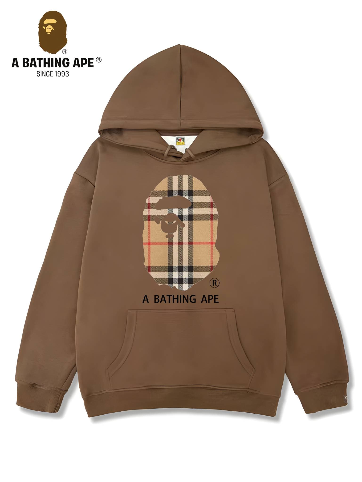 Sweat à capuche unisexe imprimé tête de singe à rayures et logo imprimé, collaboration BAPE-BAPE&BURBERRY