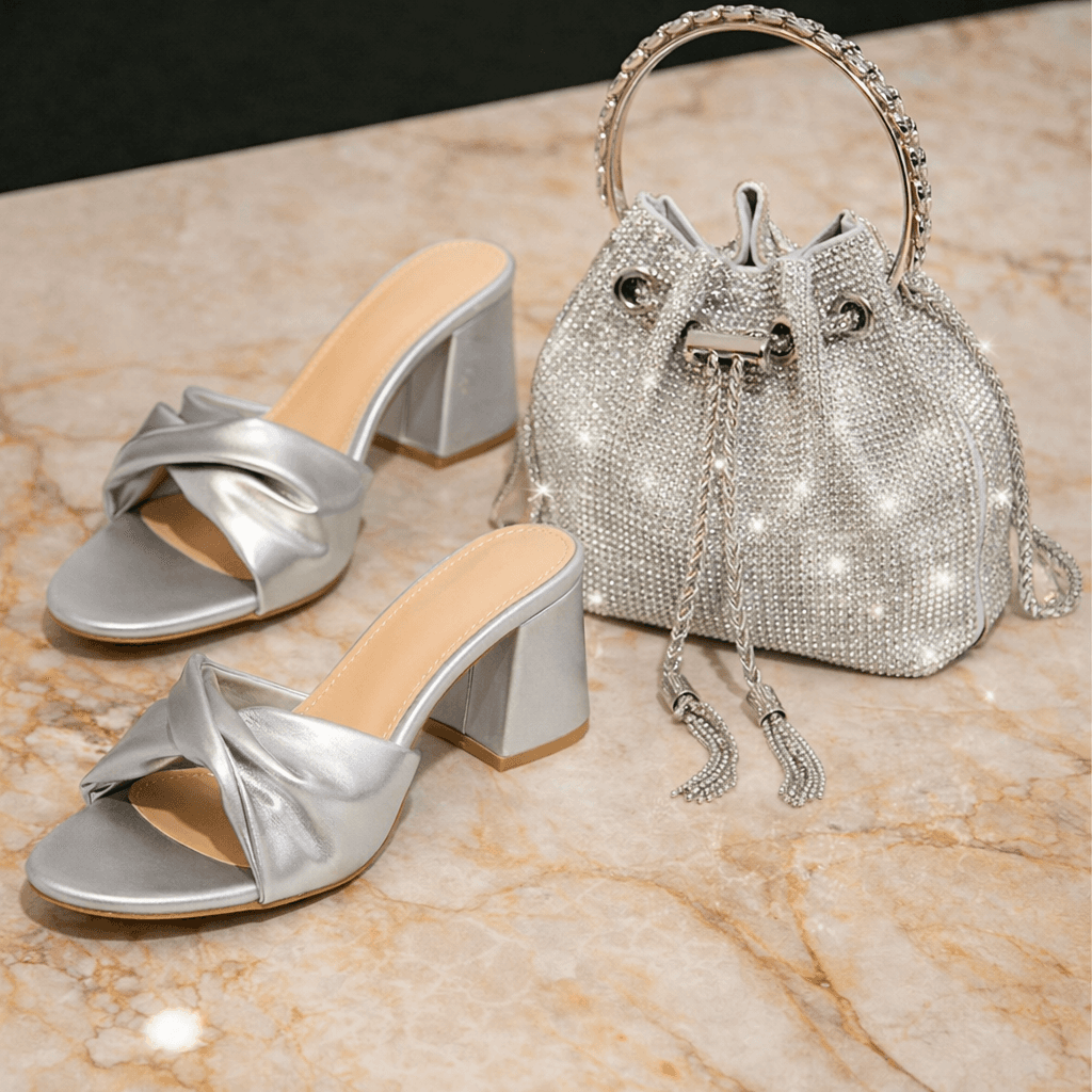 Women's Block Heel Sandals & Crystal Bag Set – French Style Evening Shoes With Rhinestone Clutch (Luxury Matching Combo)