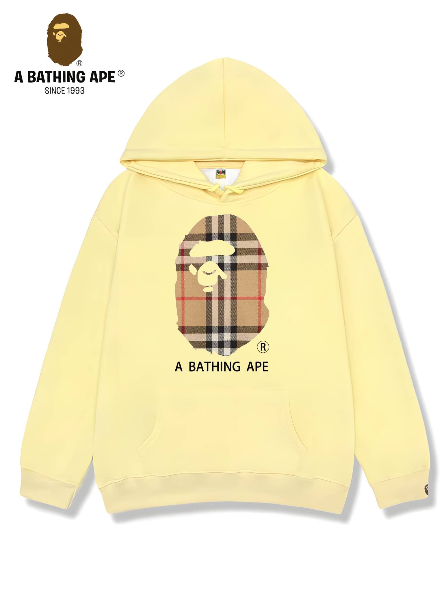 Sweat à capuche unisexe imprimé tête de singe à rayures et logo imprimé, collaboration BAPE-BAPE&BURBERRY