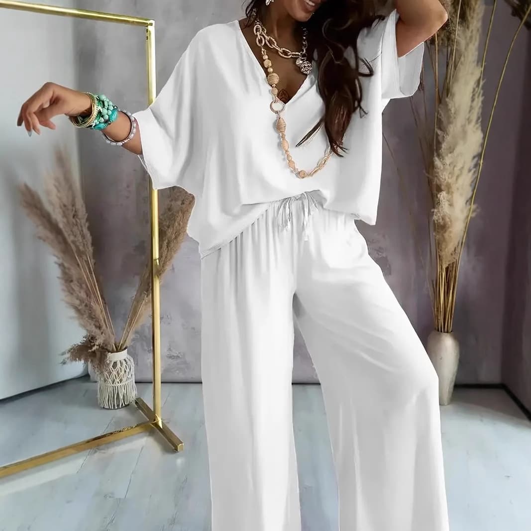 Women's Clothing Hot Sale V Neck Bat Sleeve Top Lace Up Casual Pants Two Piece Set