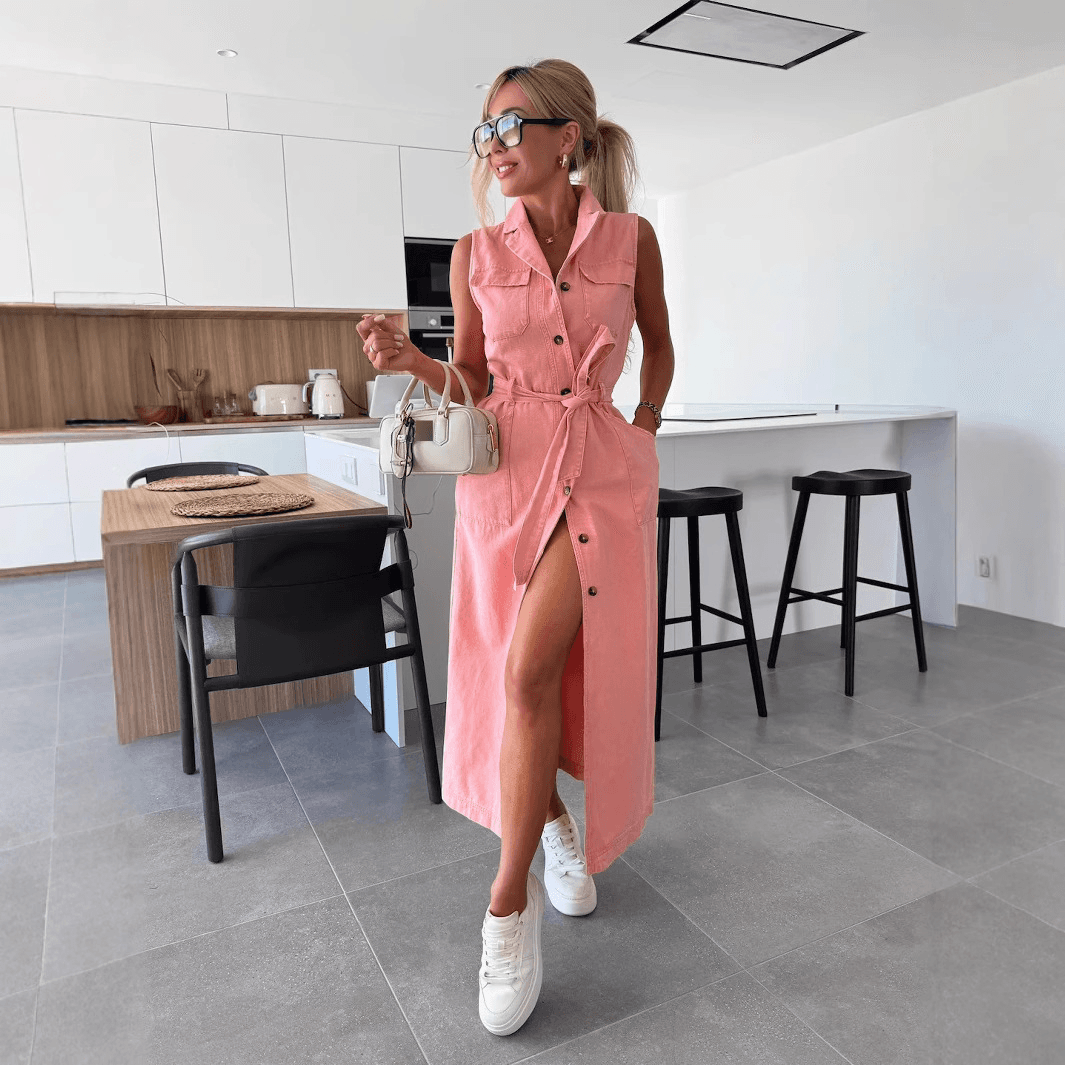 Women's Clothing New Sleeveless Long Lace Up Waist Single Breasted Denim Dress NZ88