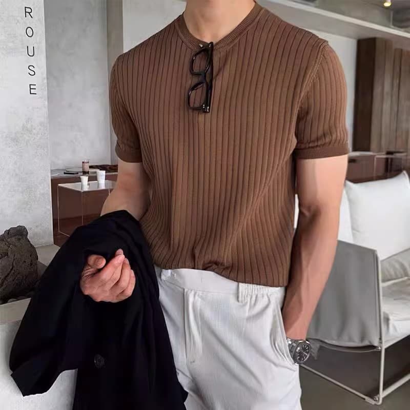 Men's Clothing Spring and summer solid color tops style slim men's round neck knitted T shirt casual short sleeved T shirt bottoming shirt