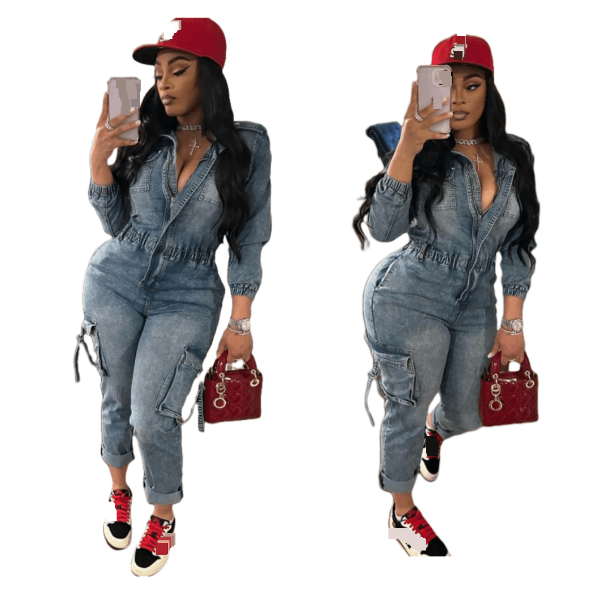 Women's Clothing fashion washed high elastic long sleeved jumpsuit