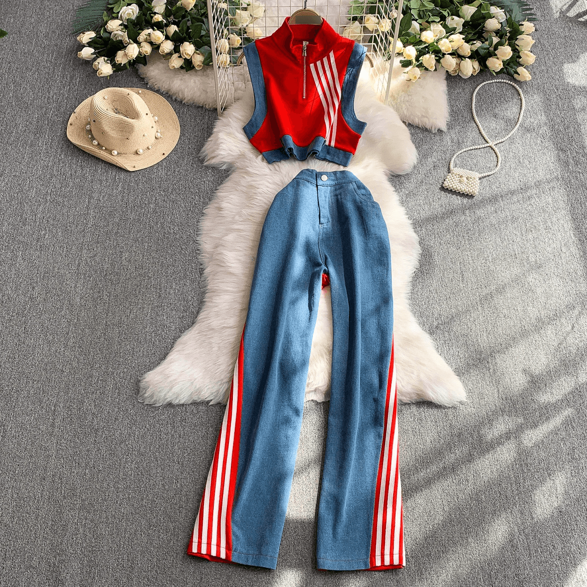 Women's Clothing Half Turtleneck Sleeveless Design Denim Patchwork Striped Short Hot Girl Top + High Waist Slim Wide Leg Pants Two Piece Set