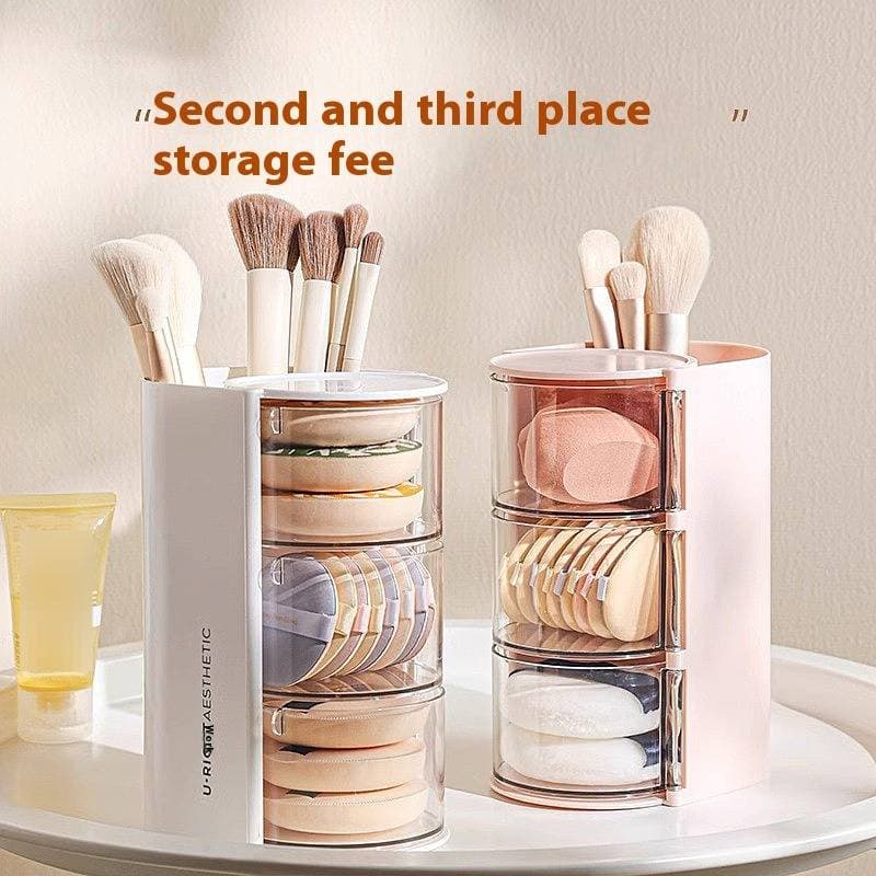 3-Tier Rotating Makeup Organizer – Dustproof Cosmetic Storage Box For Sponges, Lipsticks, Brushes (Pink/White/Cream)​