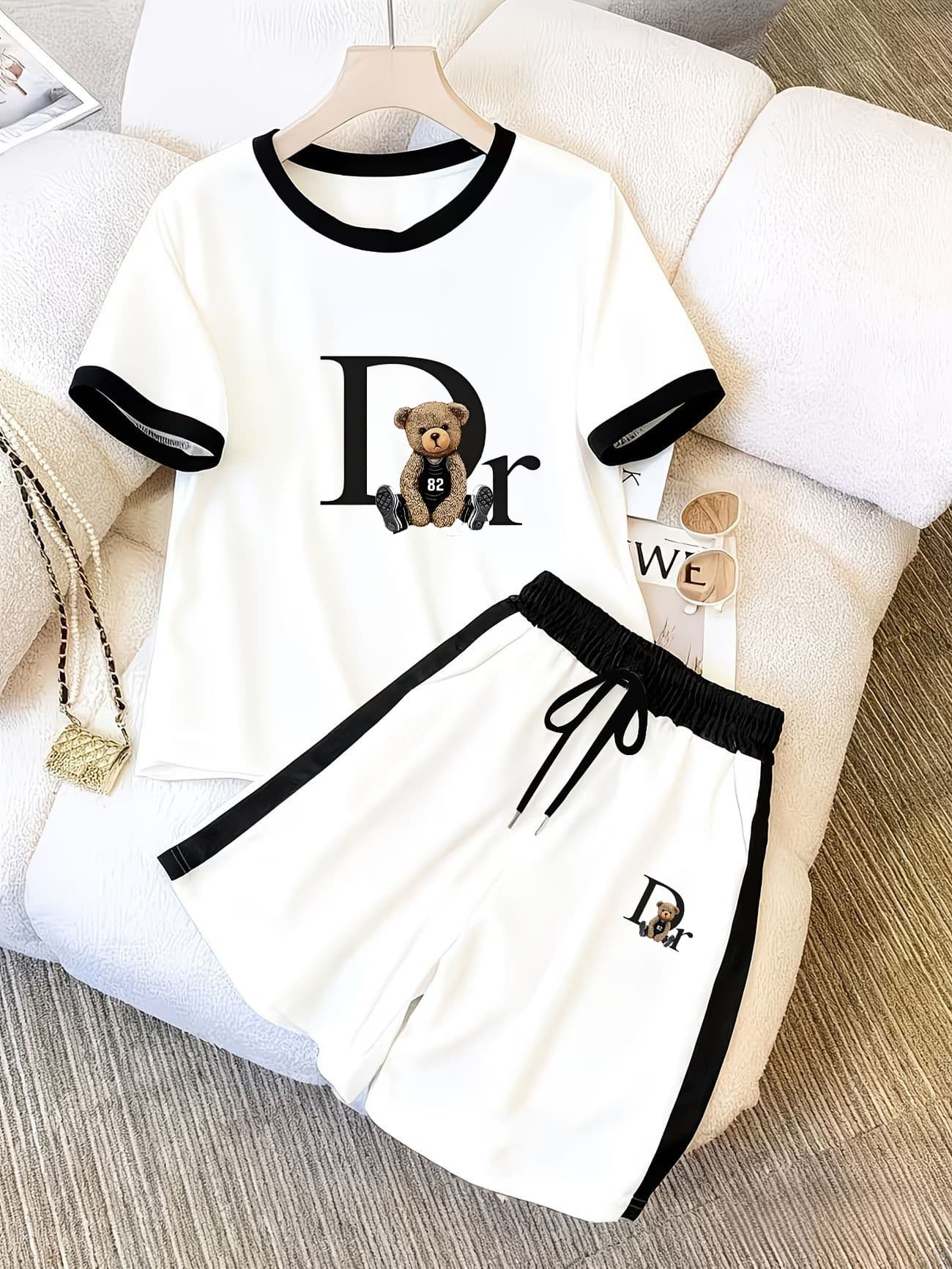 Women's Printed Short-Sleeve Tee & Shorts Set - Korean-Inspired Slim Fit Outfit For Summer-1