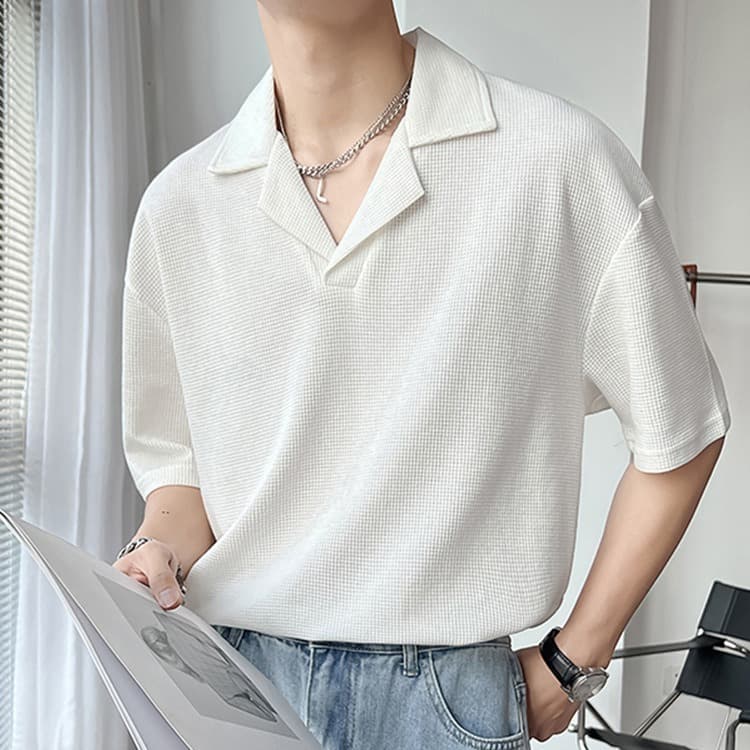Men's clothing collar T-shirt men's ins spring and summer solid color short-sleeved polo shirt casual loose drop shoulder sleeves half-sleeved shirt