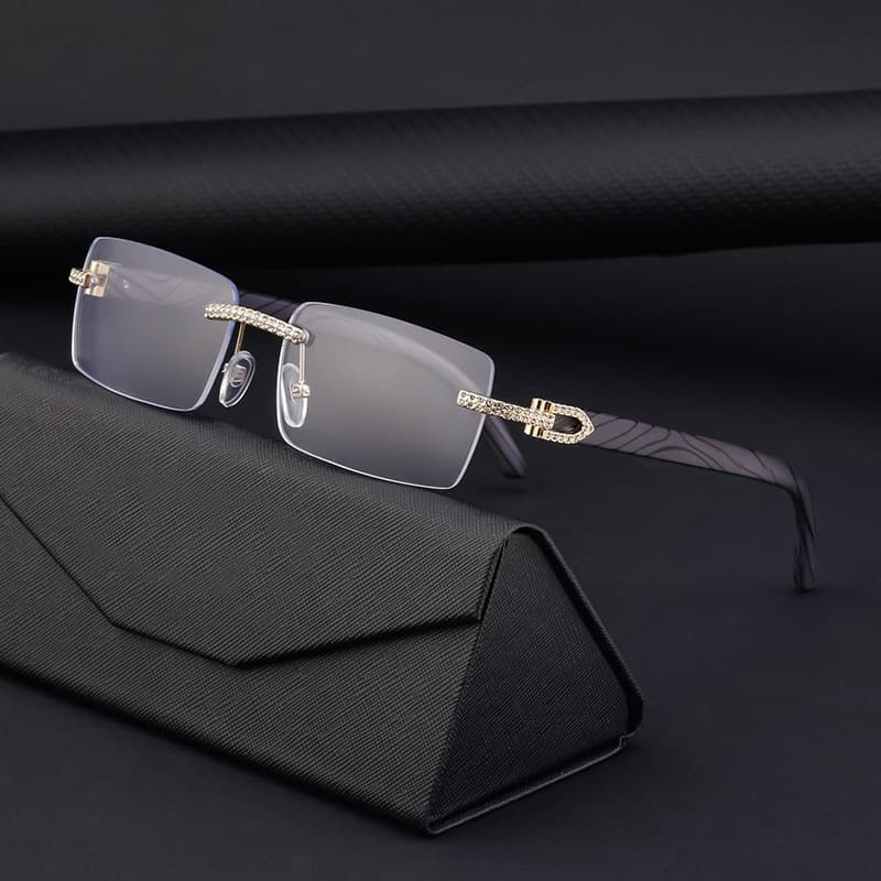 European and American retro rimless men's sunglasses with diamonds and wood grain temples sunglasses cross-border new glasses wholesale shades