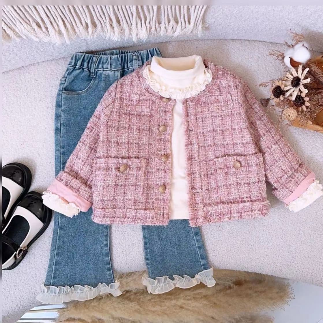 Girls' Autumn Suit Small Fragrance Style Coat Denim Bell Bottoms Spring And Autumn Three-piece Set Tide