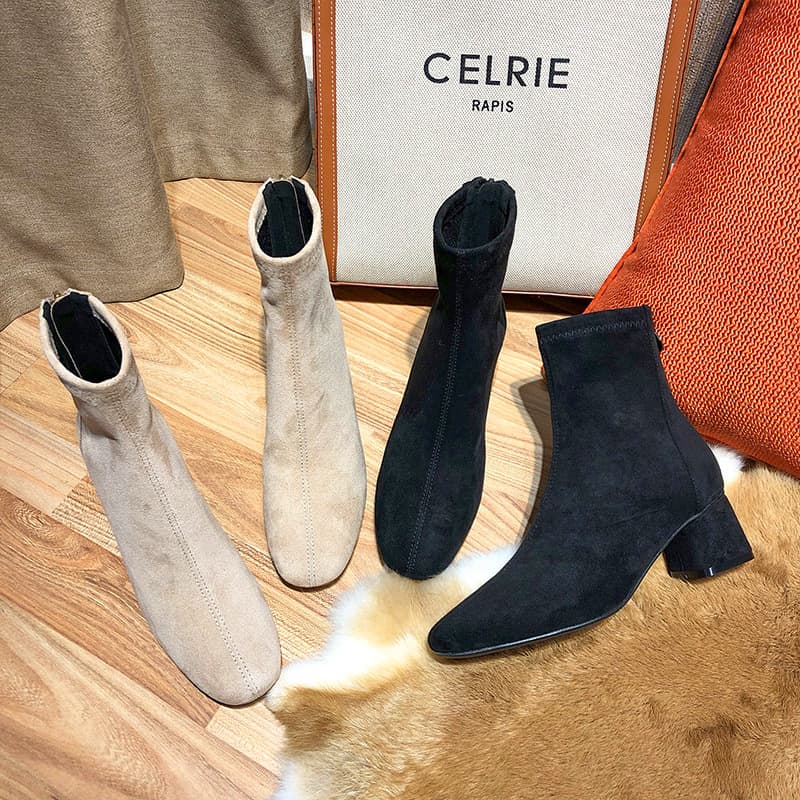 Fuhao Suede Ankle For Women, Chunky Heel, 2022 New Round Toe Fashion Mid-Heel Low-Cut Shoes, Autumn Winter Women's