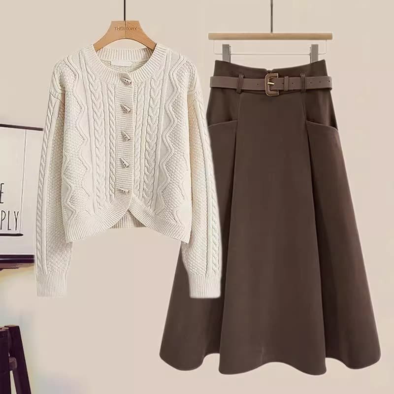 Women's Clothing Autumn stylish age reducing suit for women new lazy style slim knitted sweater high waist skirt two piece suit