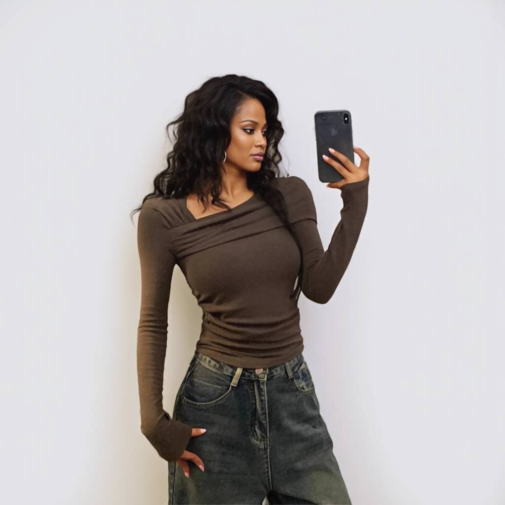Women's Clothing Casual Sexy Long Sleeve Top – Slim Fit Off-Shoulder T-Shirt (Stretchy & Warm)​​