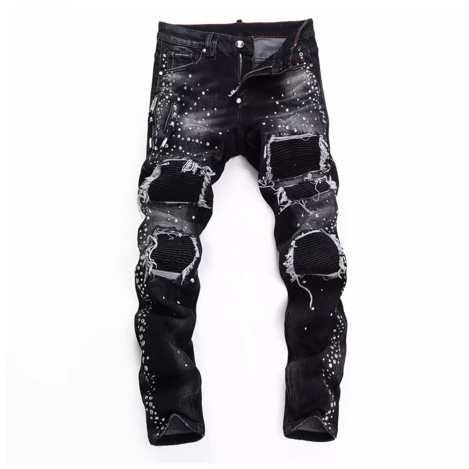Trendy Brand Personalized Letter Print Jeans For Men, High End Heat Pressed Slim Fit Skinny Jeans, European Style Trendy Autumn And Winter Trousers