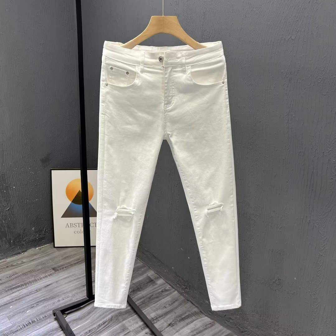 Men's Clothing White Ripped Jeans Spring And Summer Slim Fit Skinny Pants Trendy Elastic Casual Fashion Nine Point Pants