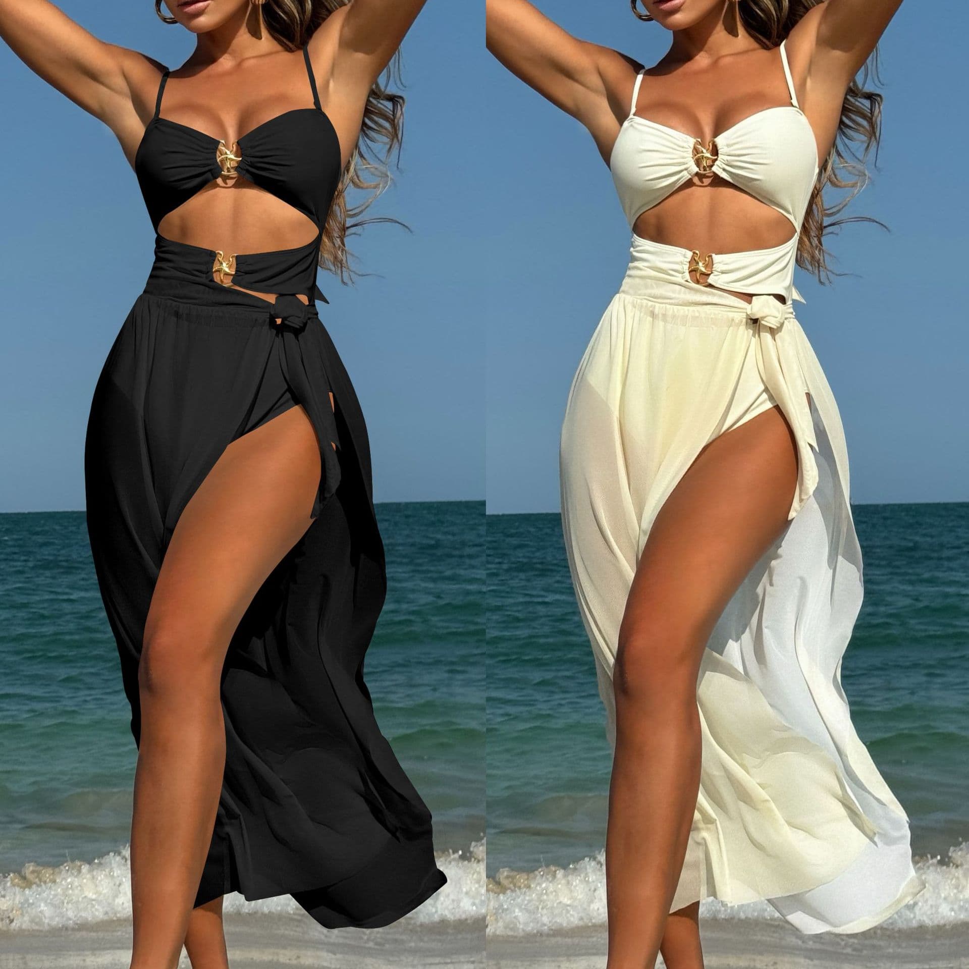 Women's Clothing New Solid Color Sexy Mesh Long Dress Three-Piece Swimwear Bikini