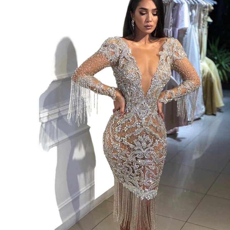 2025 Women's Deep V-Hollow Sleeved Gold Sprinkled Long Skirt Dress