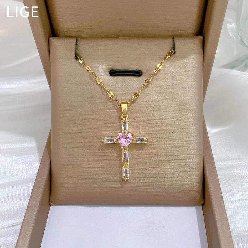 Stainless Steel Chain Classic Shiny Zircon Cross Heart Pendant Necklace For Women Lady Fashion Jewelry Accessories Gifts