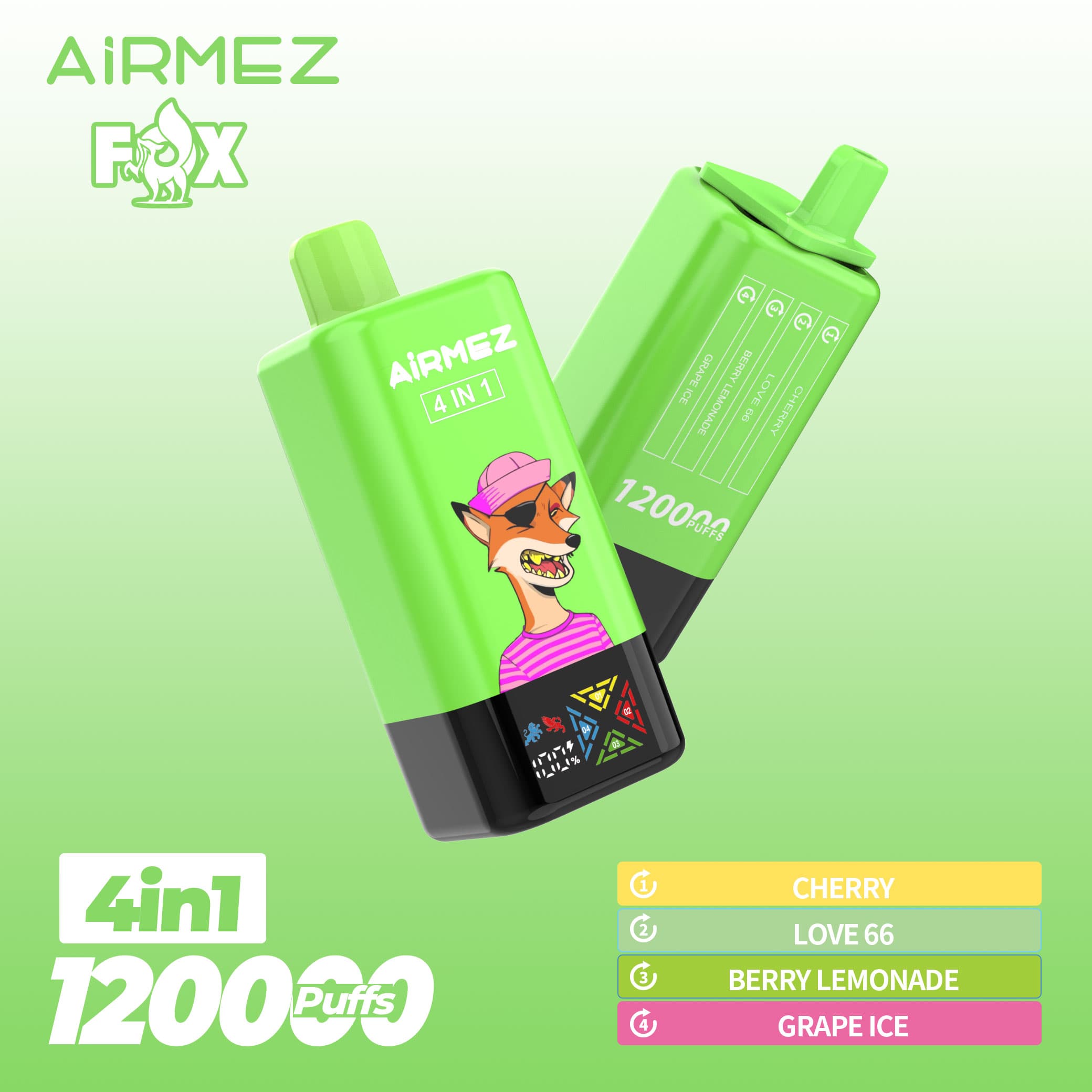 Airmez Fox 120K bouffées, 4 saveurs en 1, nouvelle cigarette électronique rechargeable originale avec écran LCD, jetable, entrepôt UE