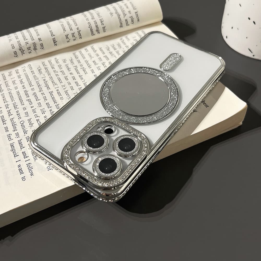 Glitter Magnetic Make Up Mirror Phone Case For IPhone17 16 15 11 12 13 14 Pro Max Shiny Diamond Plating Clear Protective Cover
