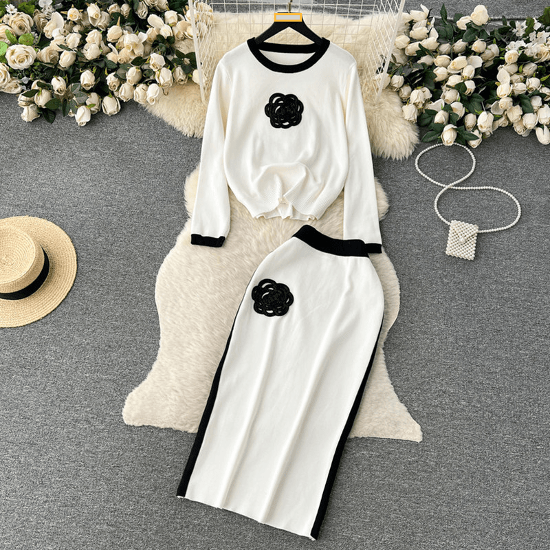 Women's Clothing autumn and winter round neck loose long sleeved sweater high waist mid length skirt knitted two piece suit