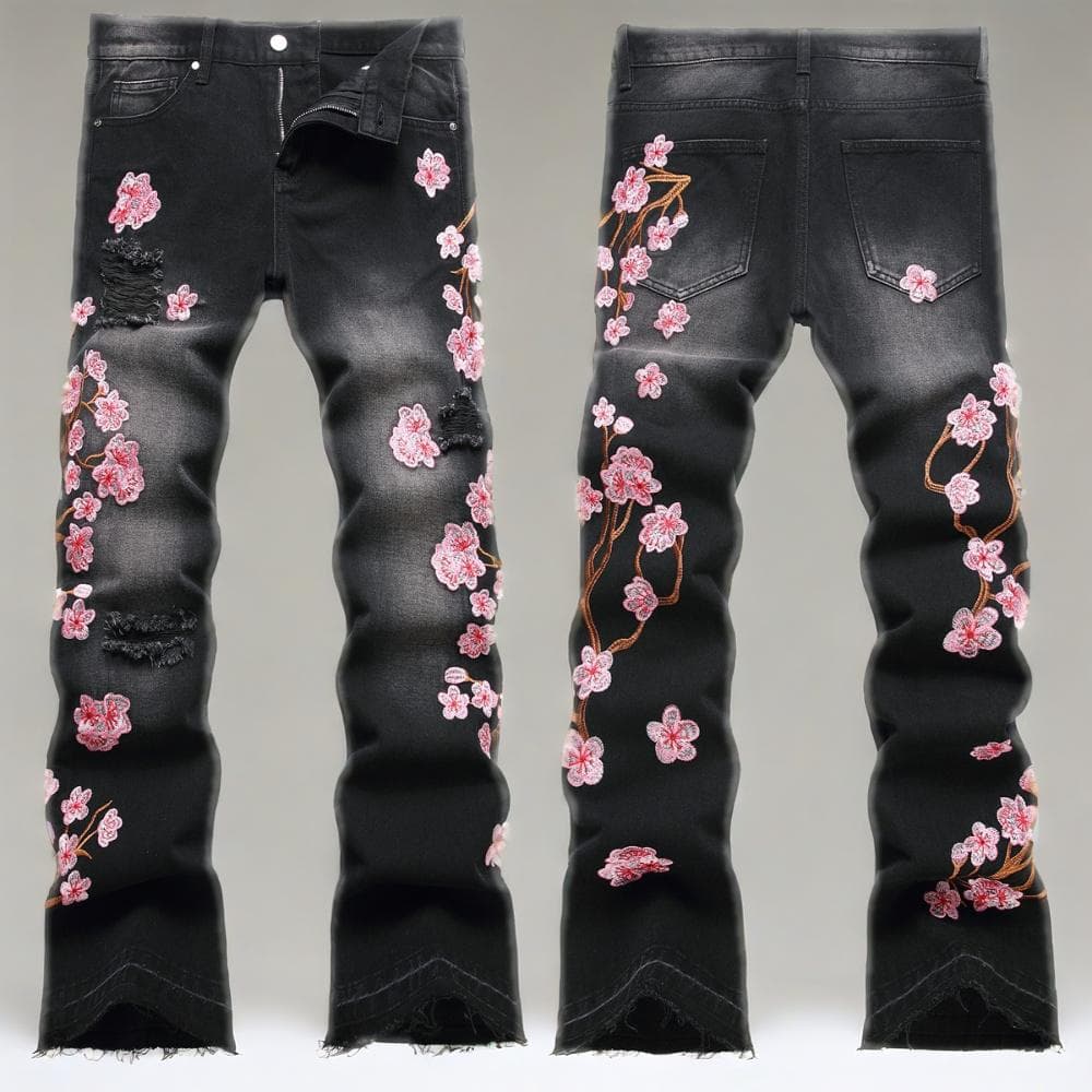 Jean évasé pour homme avec broderie de fleurs de prunier – Style streetwear délavé vintage (tailles 28 à 42)