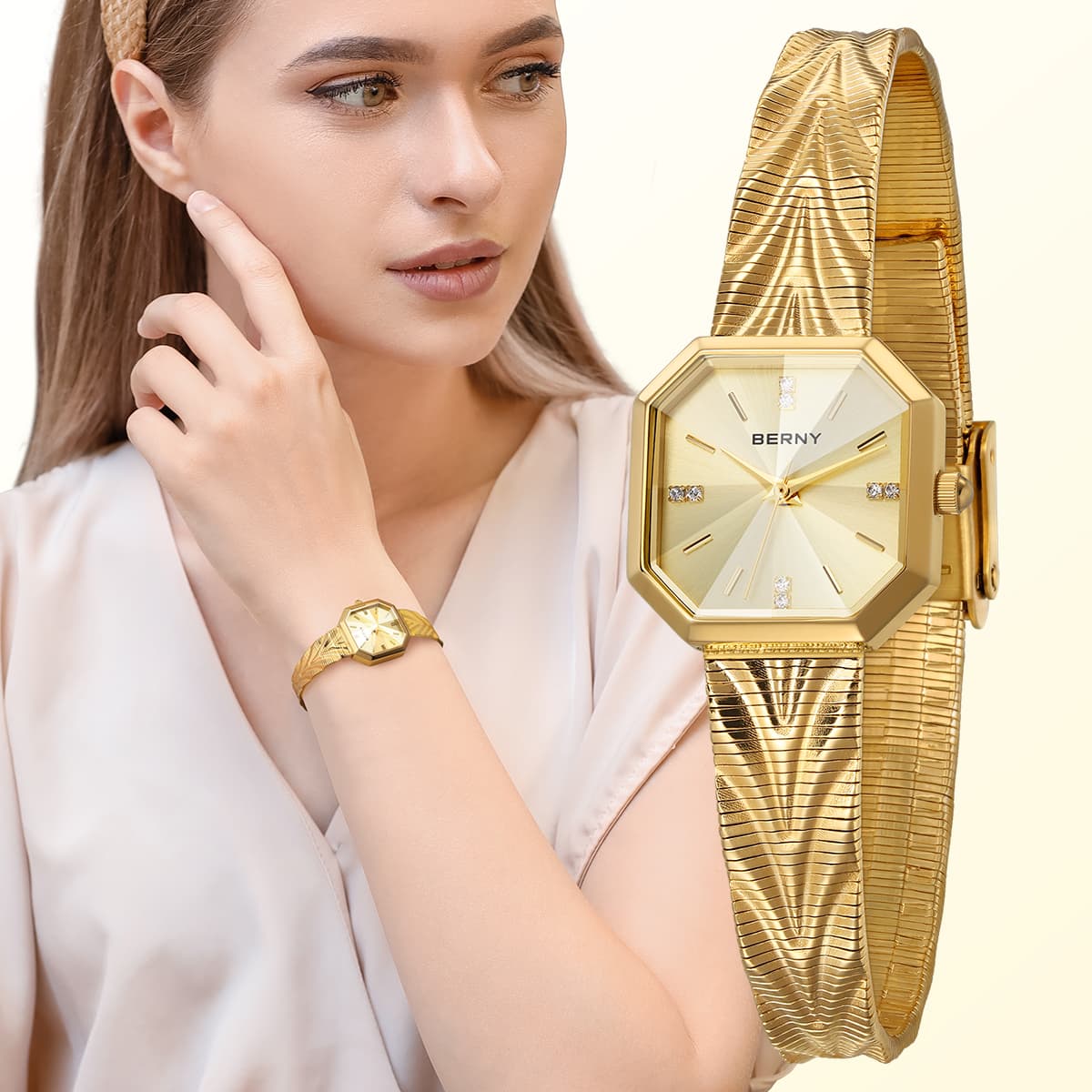 BERNY Gold Watches For Women Dainty Luxury Diamond Ladies Analog Quartz Wrist Watch Stainless Steel Waterproof Fashion Minimalist Small Gold Watch