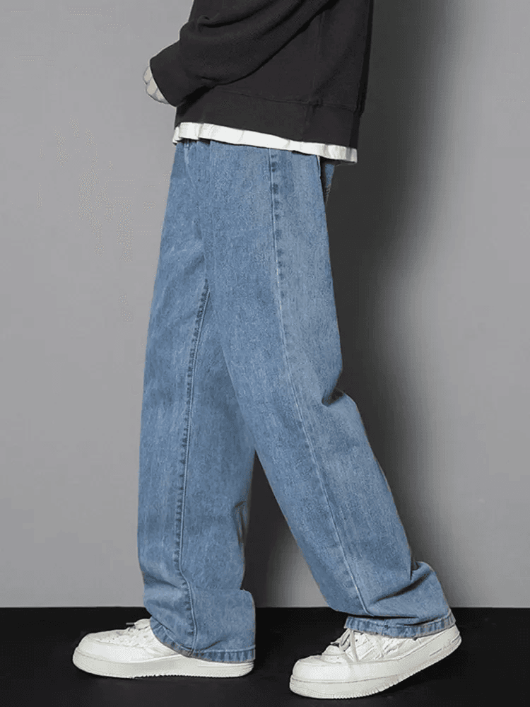 New Korean Men's Casual Long Jeans Classic Straight Denim Wide Leg Pants Solid Color Baggy Male Student Trousers