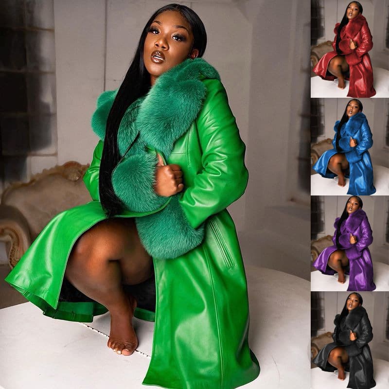Women's lapel long zip-up PU coat