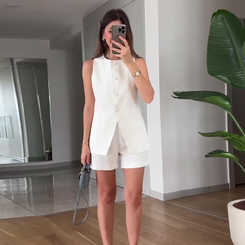Women's Clothing square collar sleeveless vest high waist straight trousers commuter suit