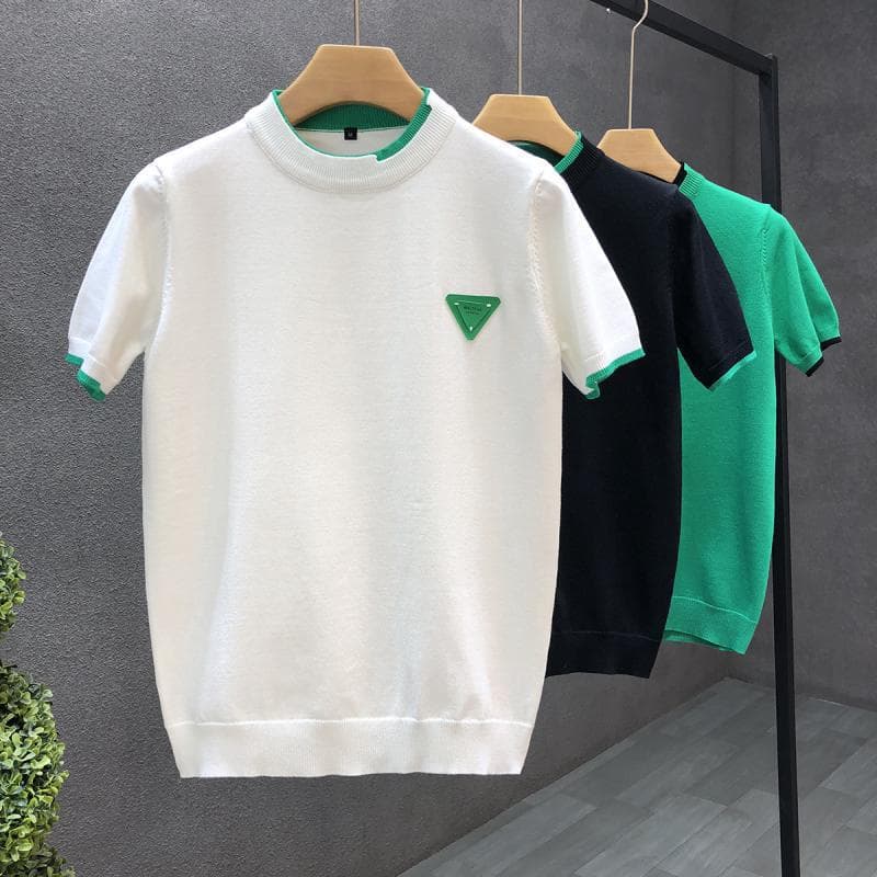 Men's Streetwear Knit Short Sleeve Sweater - Trendy Crew Neck Slim Fit T-Shirt For Layering, Breathable Stretch Cotton Blend