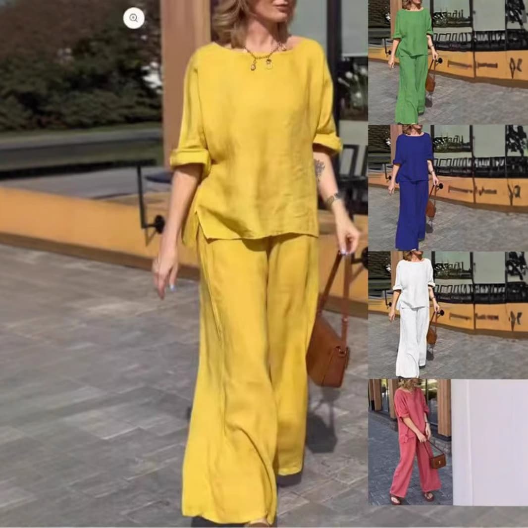 Voya Summer New Cotton And Linen Pants Set For Women, Solid Color Loose Casual Long Two-Piece Set, Simple