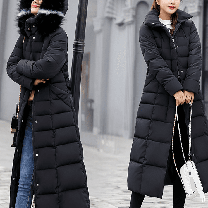 Women's Clothing winter new cotton coat for women long over the knee slim thickened coat with large fur collar down cotton jacket