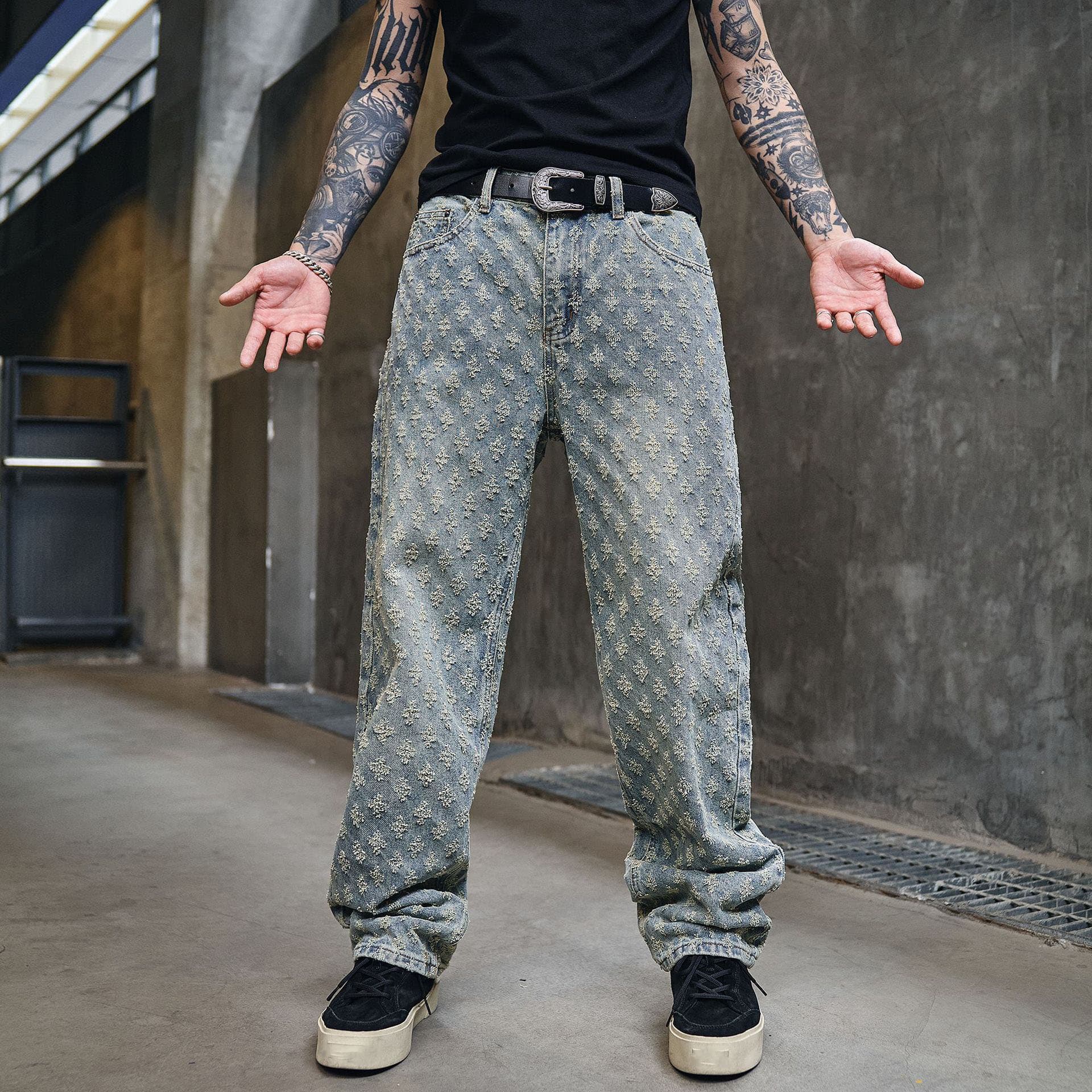 Men's Clothing Print High Street Fashion Brand Ins Design Jeans Loose Straight Washed Wide Leg Long Pants