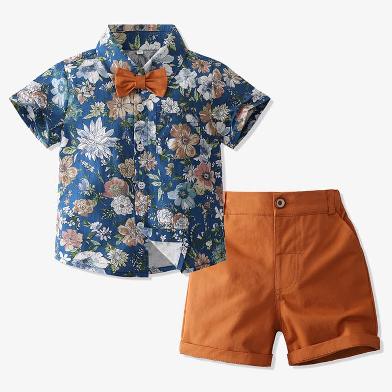 Mother & Kids Boys summer bow tie floral shirt suit 2024 new children's short-sleeved casual children's clothing manufacturers in stock