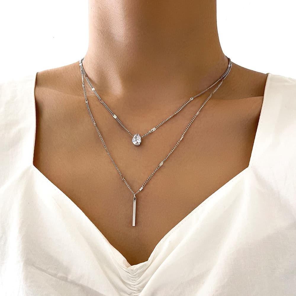Jewelry New Ins Style Crystal Pendant Personality Double Layered Tassel Necklace Girls Two Piece Set