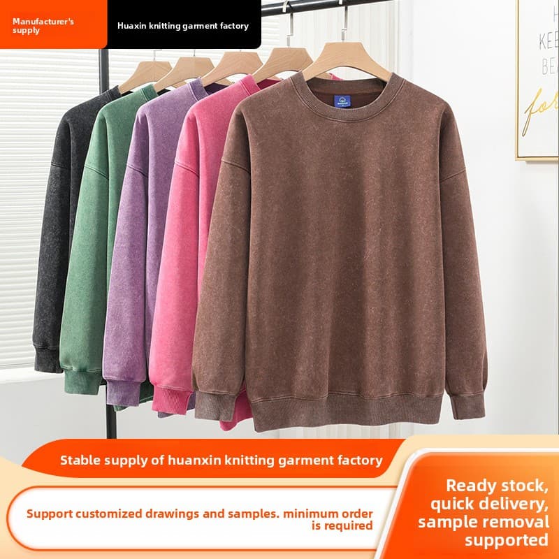 Batik Vintage 350g Combed Velvet Cotton Couple Washed Crew Neck Sweatshirt