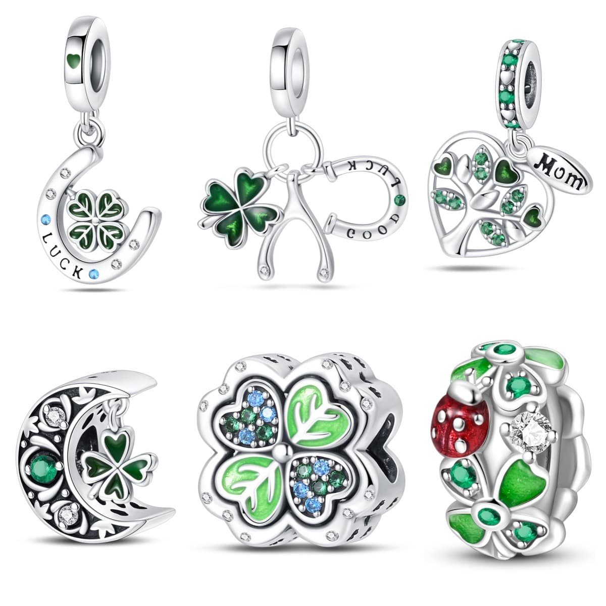 Women's Jewelry Green Horseshoe Tree Of Life Four Leaf Clover Pendant Beads DIY Jewelry Accessories Bracelet Copper Plated 925 Silver