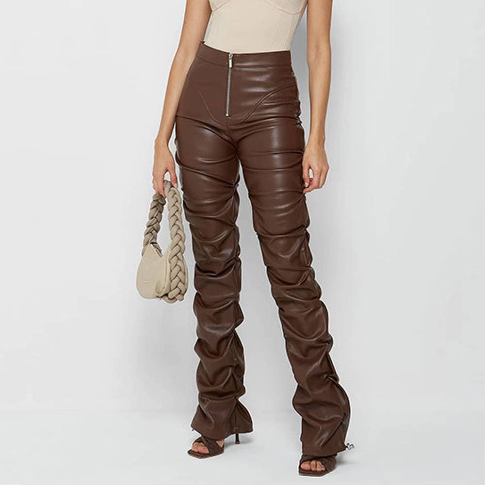 Women's Clothing Fashion Tight PU Leather Trousers Personalized Folded Flared Pants Women's New Style for Four Seasons
