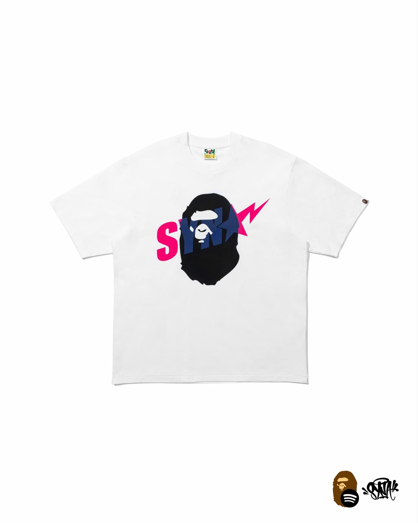 A BATHING APE 2026 New Release BAPE X SPOTIFY X SYNA Co Branded Brand Iconic Logo Pattern Printed Cotton Short Sleeved T-shirt Top