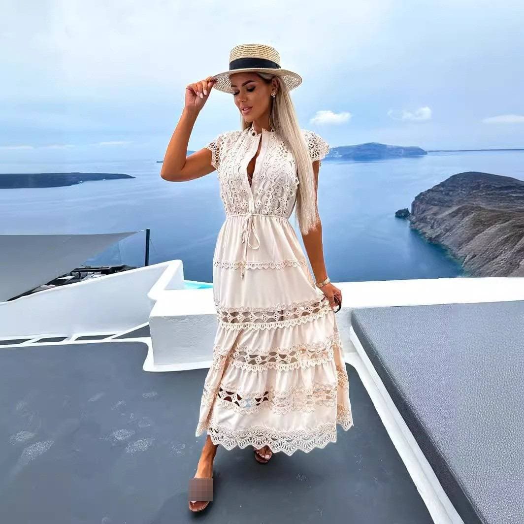Elegant Lace Trim Wrap Dress With Belt – Flowy Maxi Dress For Women (Black/White/Beige/Rose/Blue, S-XL)