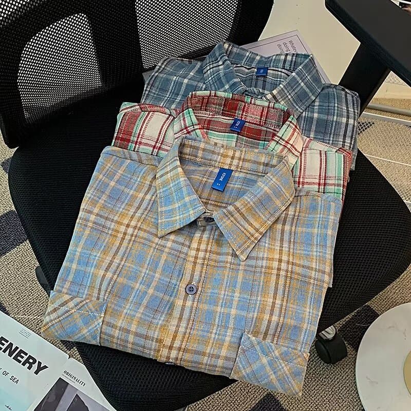 Men's Clothing Men's Plaid Shirt Summer Thin Loose Casual Short Sleeve Retro Youth Trend For Formal & Casual