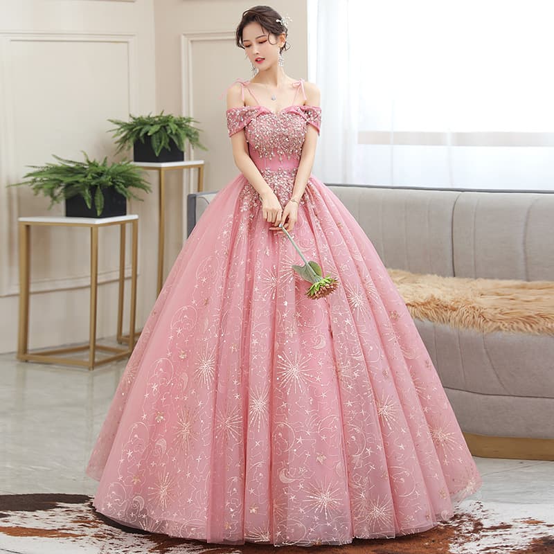 off-the-shoulder student coming-of-age evening dress shiny sequins prom dress pink banquet fluffy princess dress