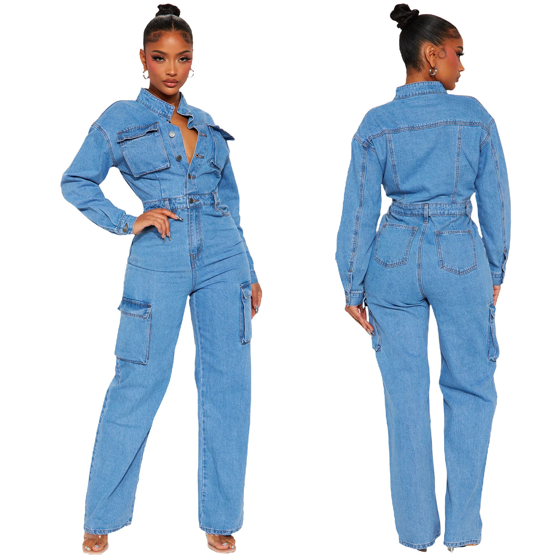 Women's Clothing Elastic Bell Bag Washed Denim Jumpsuit Jumpsuit Flared Pants Overalls