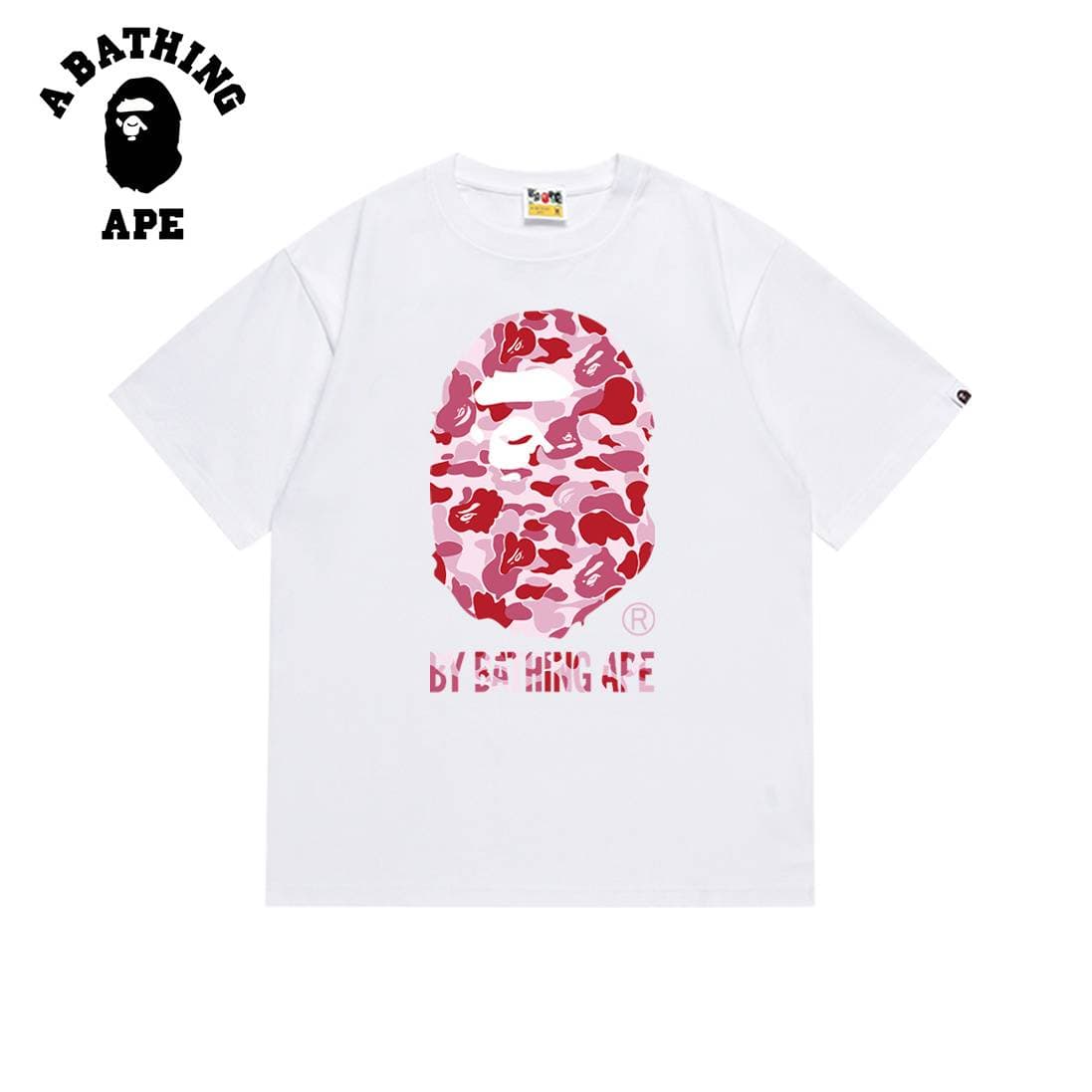 A BATHING APE BAPE-Simple Pink Ape Head Men's Short Sleeved T-shirt With Letter Printed Pattern