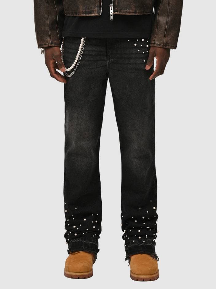 Men's Clothing Yourbrand] Men's Stacked Fit Stretch Denim Jeans | Relaxed Straight Leg | Layered Cuff Design | Streetwear Essential